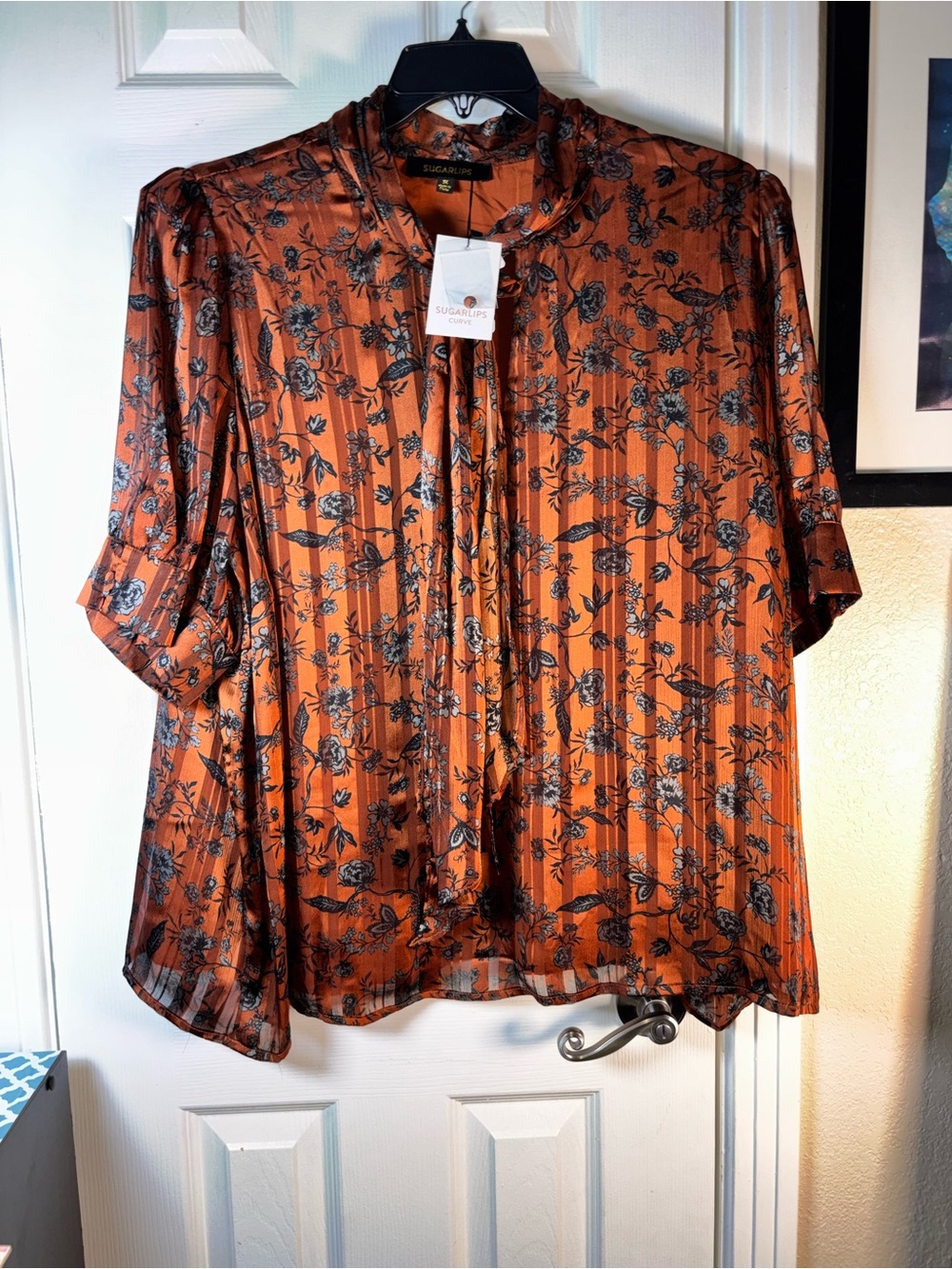 Sugarlips Burnt Orange Floral Tie-Neck Blouse NWT 3X